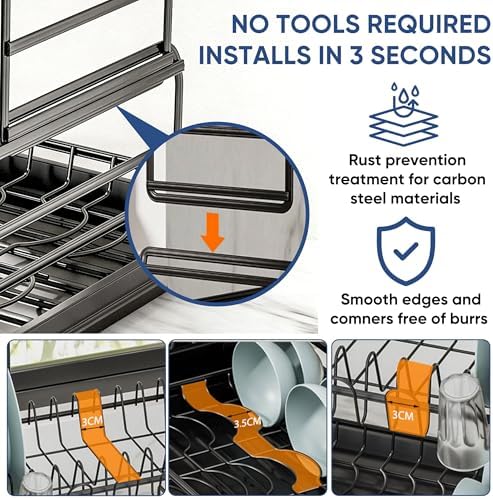 2-Tier Carbon Steel Dish Drying Rack, W16.5In