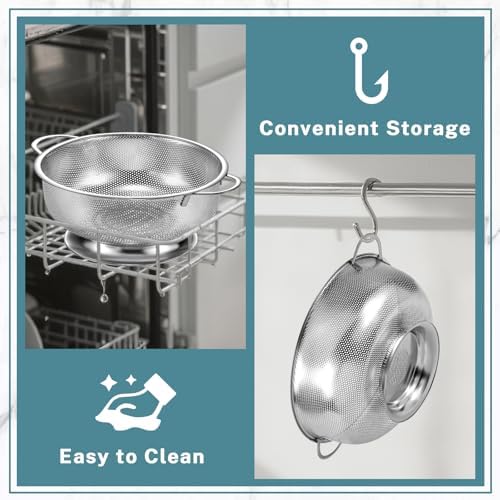 Pleafind Colander for Kitchen - 5 QT & 3 QT Stainless Steel Strainer with Handle, Kitchen Strainer Colanders Bowl for Pasta, Noodles, Spaghetti, Vegetables and Fruits, Rust-Resistant & Dishwasher Safe