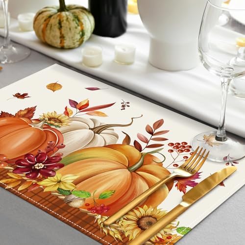 Bonhause Orange Pumpkins Fall Placemats Set of 4, 12x18 Inch Autumn