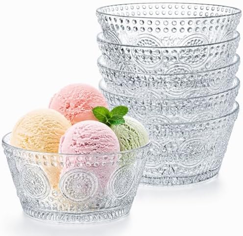 6 Pack Small Glass Bowls Set, 12 Oz Embossed Prep Dessert Bowls
