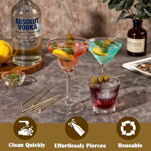 Metal Martini Cocktail Picks Gold, Skewers for Olive 4.2 in to