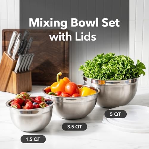 OVENTE Stainless Steel Mixing Bowl Set of 3 with Lids, Silver BM46333S