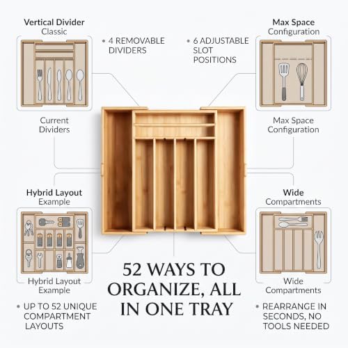 Bamboo Kitchen Silverware Drawer Organizer (DIY Slot, Natural)
