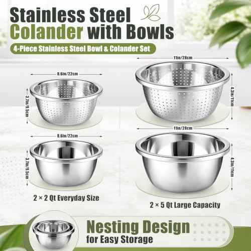 4 Pcs 304 Stainless Steel Colander Set, 5 Qt and 2 Qt Metal Strainer Bowls with Matching Mixing Bowls Large Capacity for Washing Rice Vegetables Fruit, Kitchen Draining Set, Dishwasher Safe