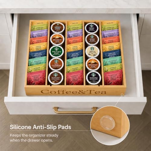 MinBoo Premium Bamboo Coffee Station & Tea Bag Organizer Box -7 Adjustable Slots with Removable Dividers, Silicone Non-Slip Pads - Eco-Friendly Countertop & Drawer Storage for K-Cups, Office Breakroom