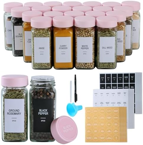24 Glass Spice Jars with Labels, Spice Jar Set, 4oz Seasoning