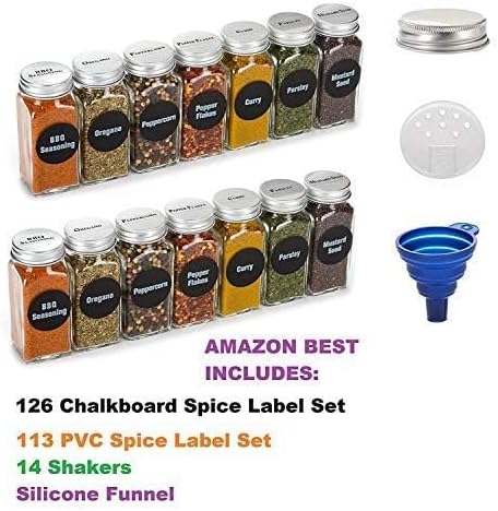 4oz, BEST VALUE 14 Glass Spice Jars includes pre-printed 113 CLEAR PVC