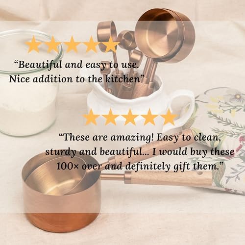 Copper Stainless Steel Measuring Cups and Spoons Set of 8, Wooden