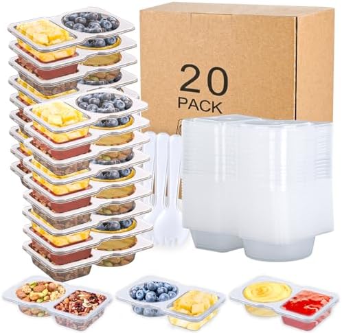 20 Pack Reusable Snack Containers with Lids - Double Compartment