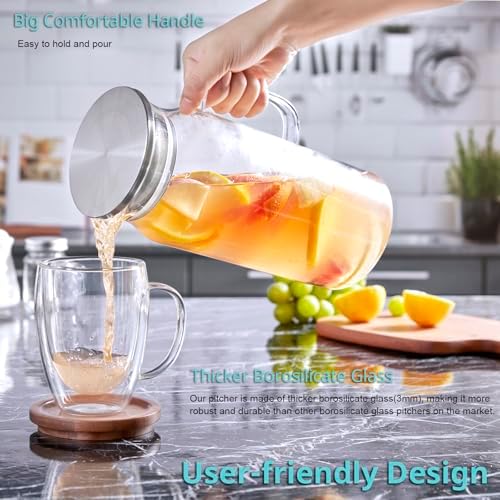 Bivvclaz 2 Liter 68 oz Glass Pitcher with Lid and Handle, Glass Carafe