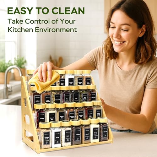 4Tier Bamboo Spice Rack Organizer with 28 Glass Spice Jars Empty 4 oz