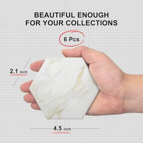6 Pcs White Marble Coasters Set with Holder Hexagon Ceramic Drink