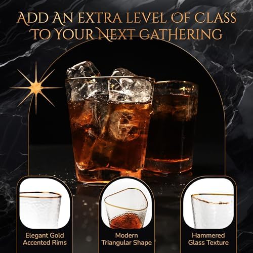Whiskey Glasses Gift Set of 2, 12 oz Gold Rim Hammered Triangle