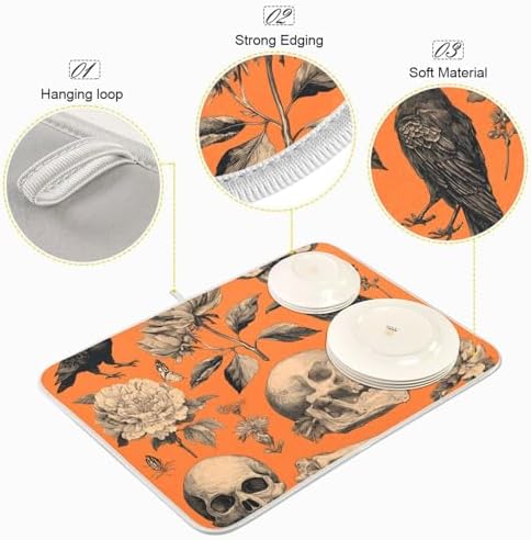 OTVEE Skull Floral Fantasy Dish Drying Mat for Kitchen Counter