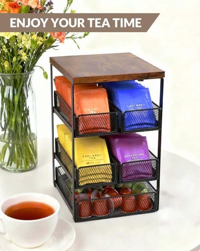 Tea Bag Organizer with 5 Drawers, Wooden & Metal Tea Storage Organizer