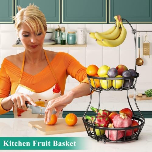 SAYZH 2-Tier Large Fruit Basket Bowl for Kitchen Counter with Banana Hanger