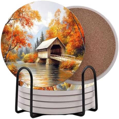 Fall Season Leaves Round Coasters Set of 6 - Abosrbent Ceramic