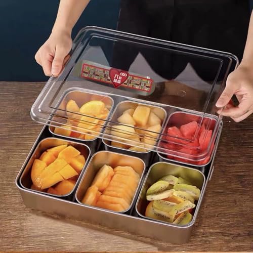 Divided Serving Tray with Lid, Stainless Steel 6 Removable Compartment