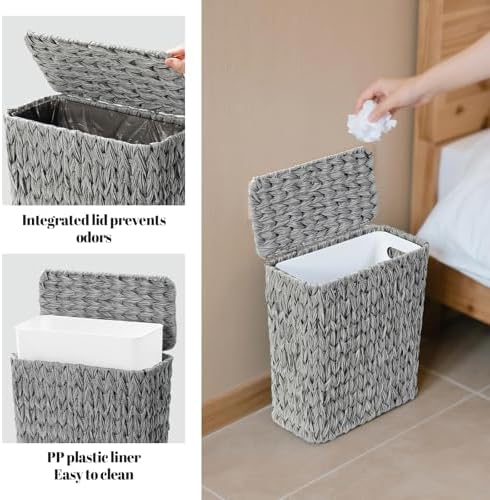 Coeusy Small Wicker Bathroom Trash Can with Lid, Grey