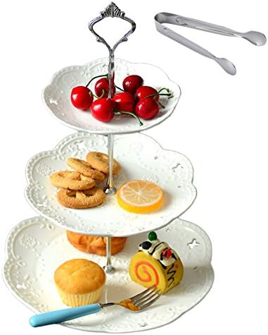 Jusalpha 3 Tier White Porcelain Cake Stand, Cupcake Stand with Silver