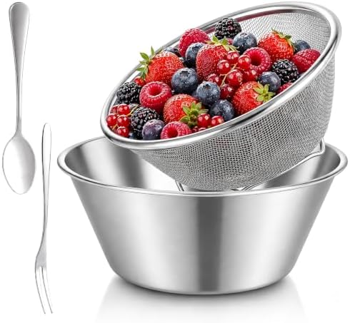 4 Pcs Mini Colander & Food Strainer with Fork & Spoon, 304 Stainless