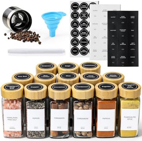 AOZITA 14 Pcs Spice Jars with Bamboo Lids - 4oz Square Spice Bottles