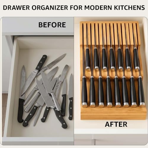 Flareware Bamboo Knife Drawer Organizer, 15-Slot