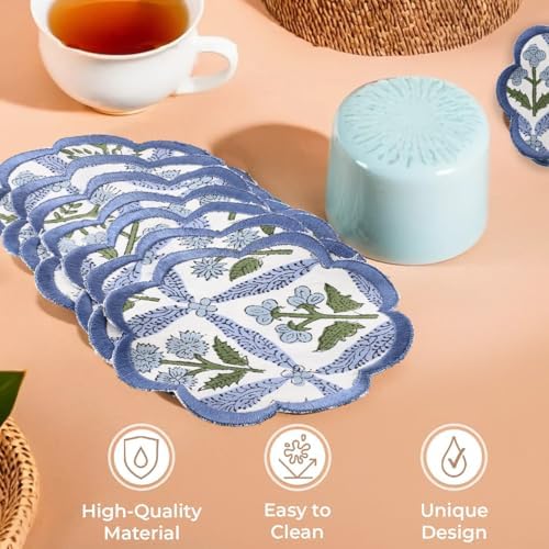 Ridhi 8-Pcs 100% Cotton Hand Block Print Drink Coasters 5 Inch Steel