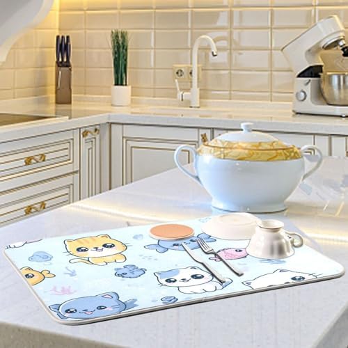 OTVEE Sea Kitty Art Dish Drying Mat for Kitchen Counter Absorbent Heat