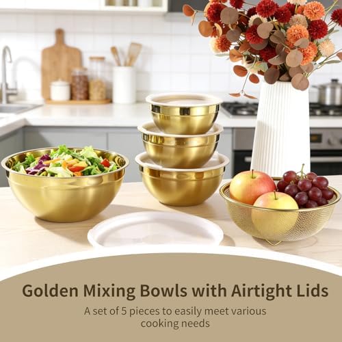 5 PCS Golden Mixing Bowls, Stainless Steel Salad Bowls with Airtight