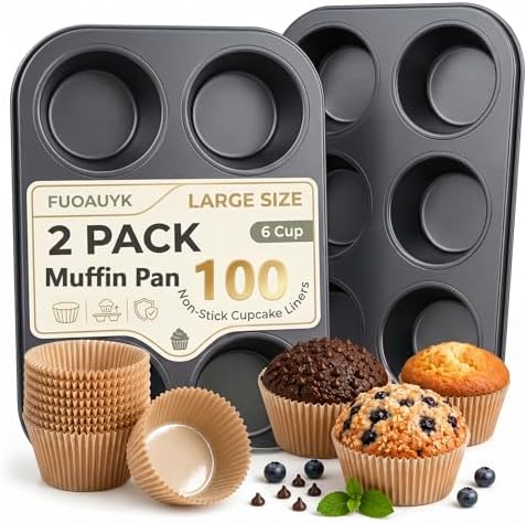 Jumbo Muffin Pan 2 Pack, Extra Large Muffin Tin 6 Cup Includes 100