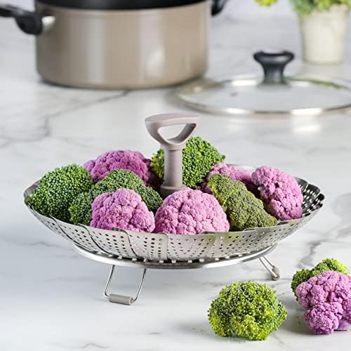 Martha Stewart Richburn 10.6-Inch Telescopic Folding Steamer Insert with Nylon Handle – Mirror Finish, Durable Stainless Steel Vegetable and Food Steamer