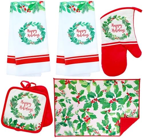 6-Piece Happy Holidays Kitchen Set, 2 Towels 2 Pot Holders Oven Mitt