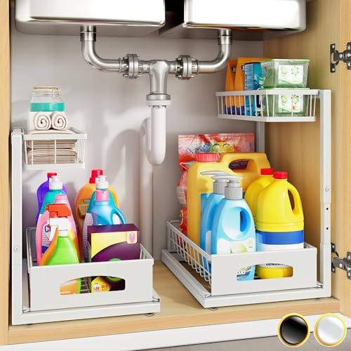 Under Sink Organizer, 2-Pack L-Shaped Metal Pull-Out Drawers for