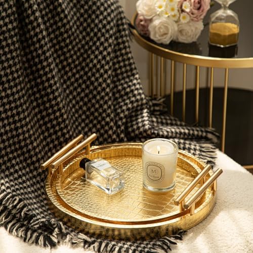 Modern Decorative Tray Set of 2, Wooden Round Crocodile Leather Tray