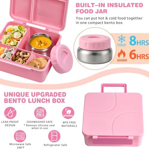 Bento Lunch Box with 9.5 oz Soup Thermo, Kids Leakproof 4 Compartments