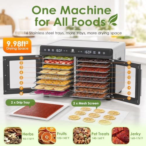 HOPERAN Dual-Zone Food Dehydrator, 16 Trays, 1200W