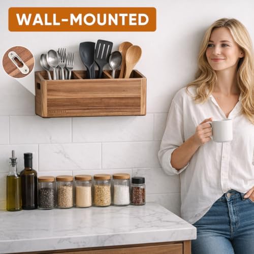 Wooden Cooking Utensil Holder & Crock for Kitchen Countertop