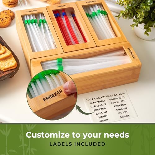 Bamboo Storage Bag Organizer for Kitchen Drawer, Plastic Baggie