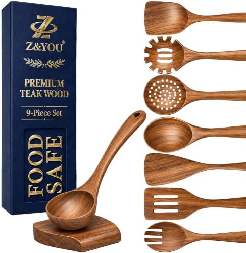 9-Piece Teak Wooden Utensil Set with Spoon Rest