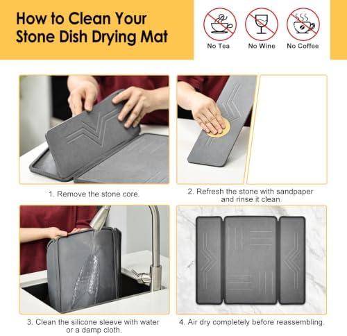 Stone Dish Drying Mat with Silicone Sleeve 19.7" x 15.7", Tri-Fold