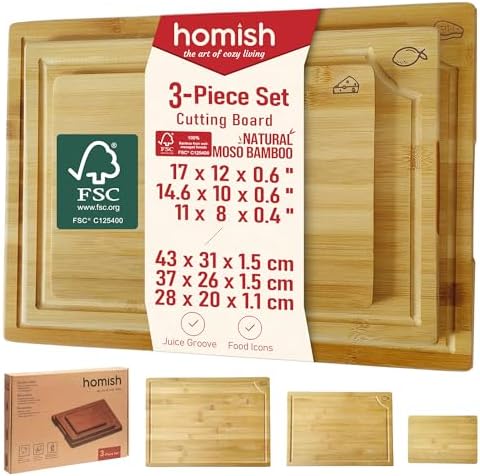 Large Bamboo Cutting Board 3 Piece Set with Juice Groove & Handle