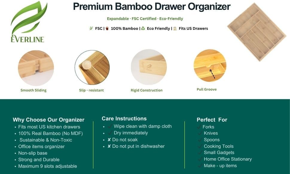 EVERLINE Expandable Bamboo Drawer Organizer for Kitchen Utensils