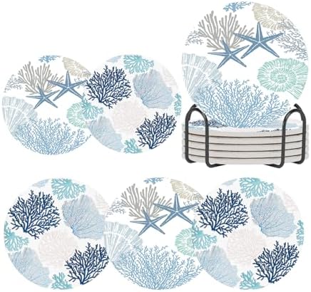Nautical Coastal Coasters for Drinks Set of 6,Round Absorbent Ceramic