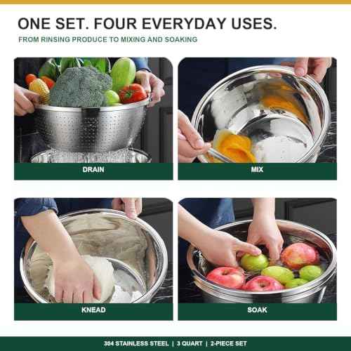 304 Stainless Steel Microporous Colander Set - 3QT Large Capacity Kitchen Strainer, Dishwasher Safe for Vegetable/Fruit/Rice Washing & Cooked Pasta Draining （2PC)