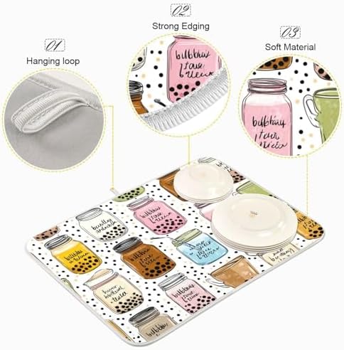 OTVEE Drink Pattern Art Dish Drying Mat for Kitchen Counter Absorbent