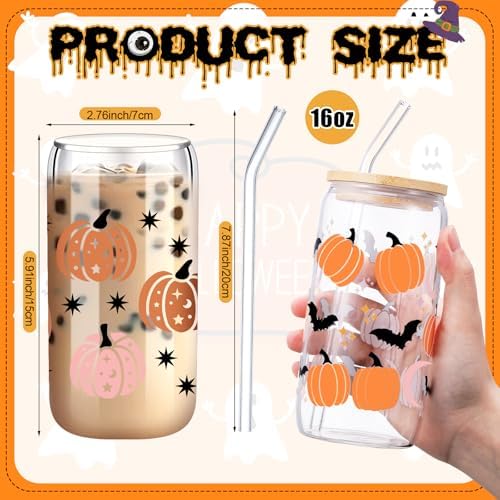 SiliFine 6 Pcs Halloween Glass Cups, 16 oz with Lids and Straws