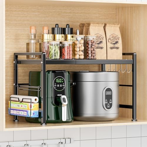 YIUKEA 2-Tier Expandable Microwave Stand with 6 Hooks