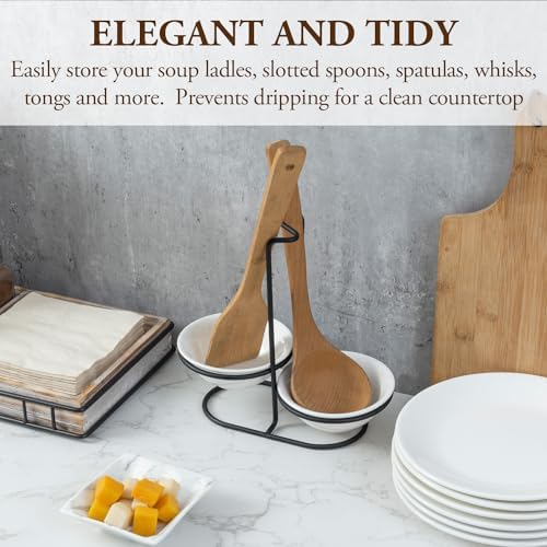 MyGift Ceramic Spoon Rest with Black Metal Stand, 2 Bowls, for Stove