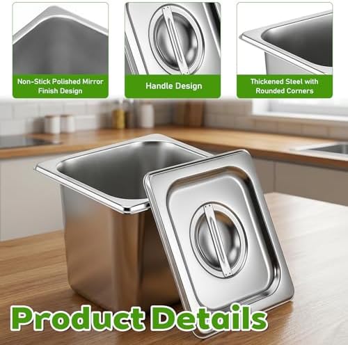 8 Pack Stainless Steel Hotel Pans, 1/6 Size Hotel Steam Table Pan